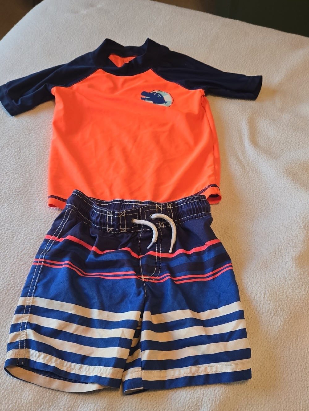Carter's Orange and Navy Boys Rash Guard Swim Set with Striped Trunks